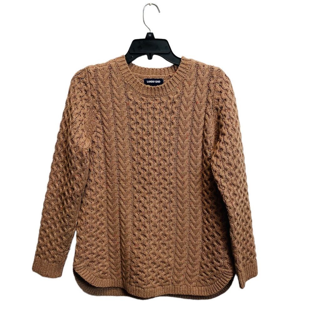 Land's End Chunky Brown Cable Knit‎ Sweater Size XS Crew Neck Boat Hem Pull On